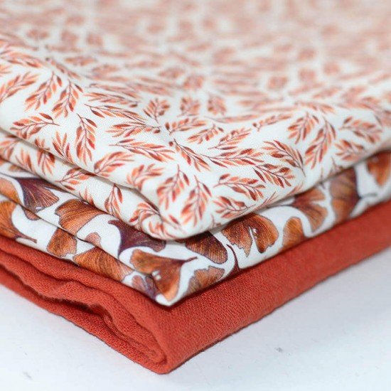 Popeline Di Cotone Stampa Digitale - Piccolo Ramo D'ulivo Arancione Bruciato - (Tessuto Di Cotone Stampato)