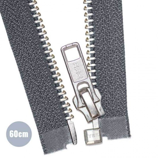Silver Metal Divisible Zipper YKK Dark Grey 60CM - (Zippers YKK)