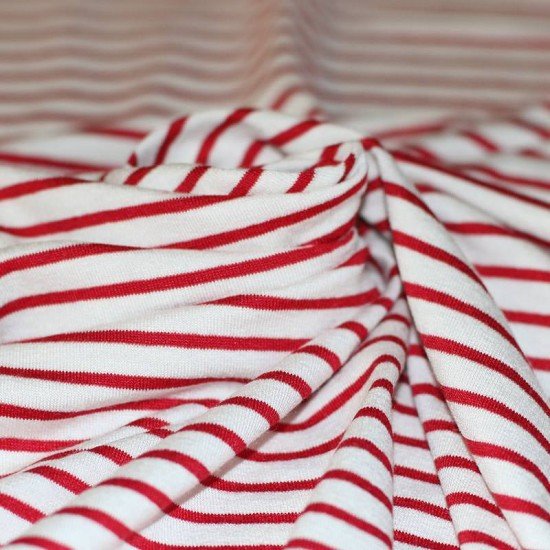 Jersey Streifen 6mm Weiß / 3mm Rot - (Jerseystoffe Streifen)